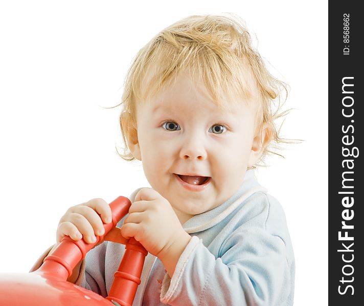 Kid with a toy on a white background