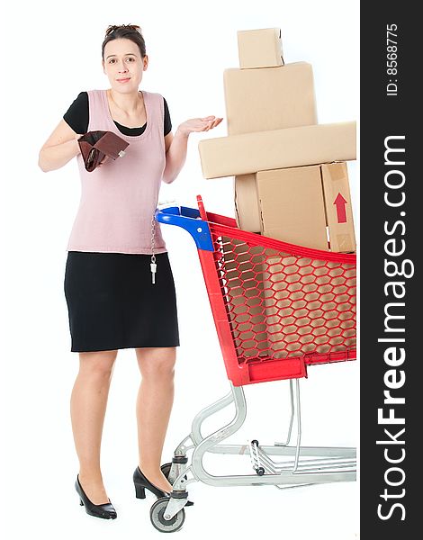 A woman with an empty purse in a shopping scenario. A woman with an empty purse in a shopping scenario