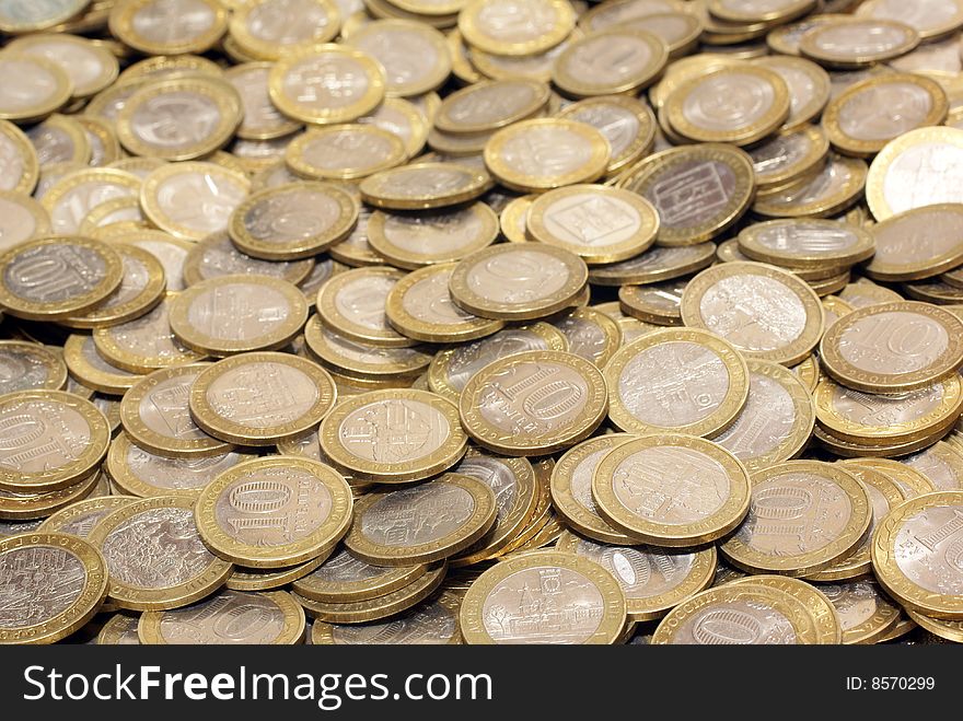 Heap of ten rouble coins