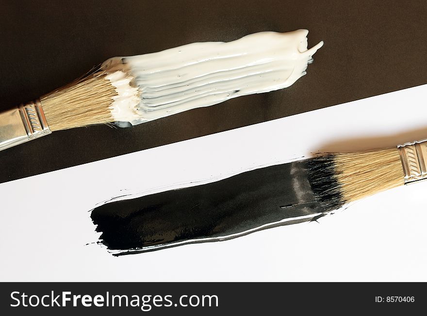 Two brushes with black and white paints