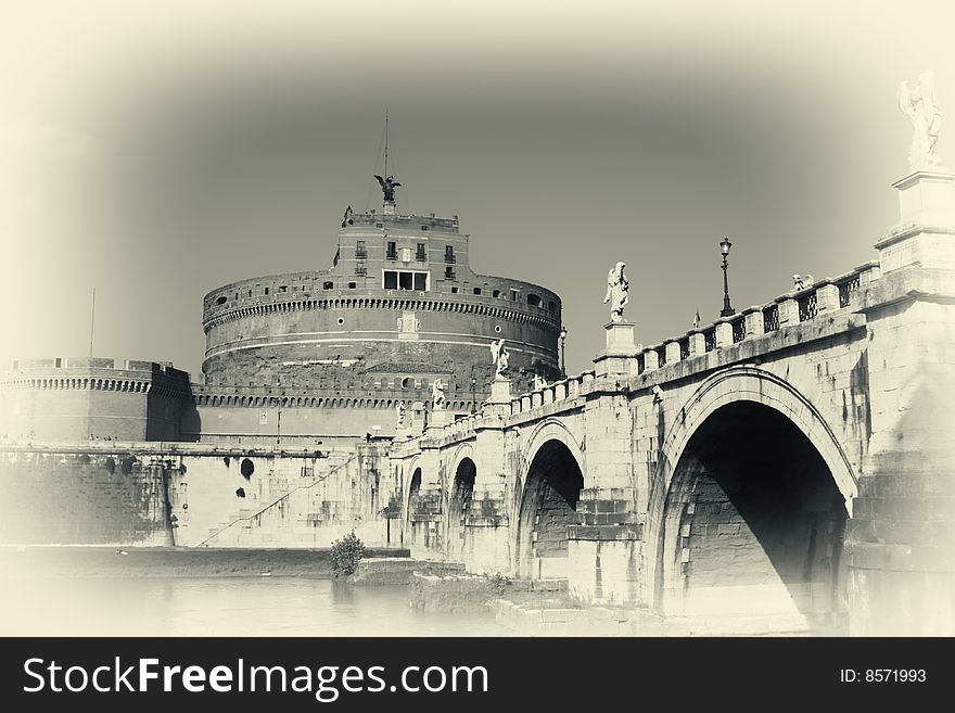 Famous San Angelo bridge and castle in Rome,Italy-photo in old retro style