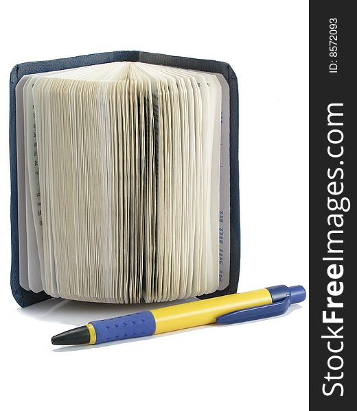 An open notebook with pencil on a white background
