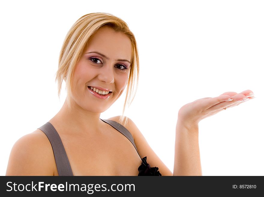 Female showing flat palm on an isolated white background