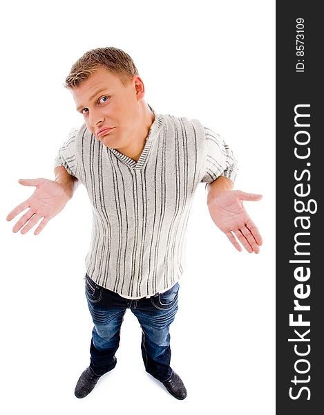 Man showing carelessness against white background
