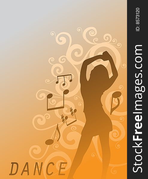 Dancing girl background with spiral floral elements.