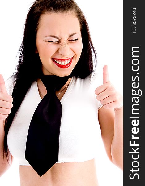 Fashionable gorgeous female showing thumbs up on an isolated background