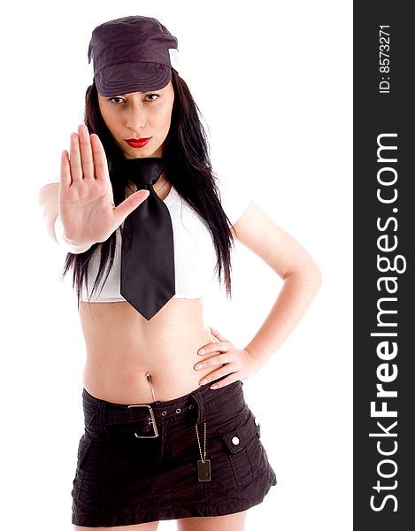 Young model posing in fashionable clothes with stopping gesture on an isolated white background