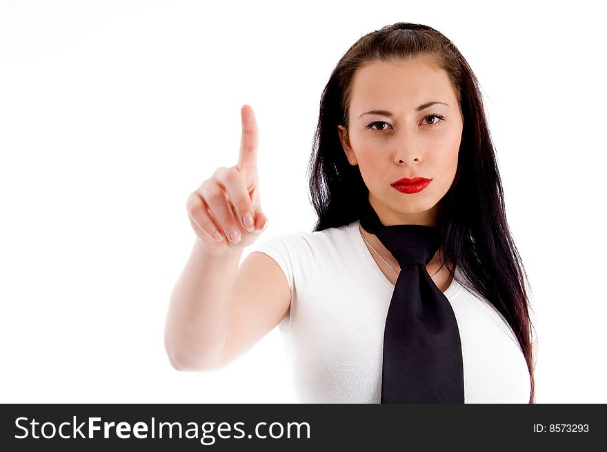 Close up view of fashionable woman against white background