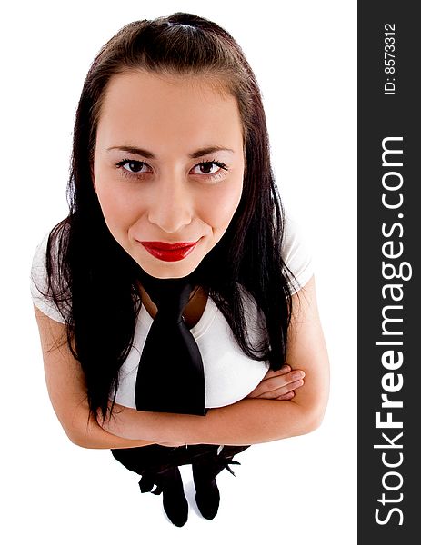 High angle view of fashionable female model with white background