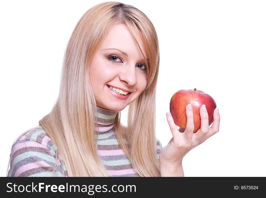 Girl holding apple in his hands on a white background. Girl holding apple in his hands on a white background