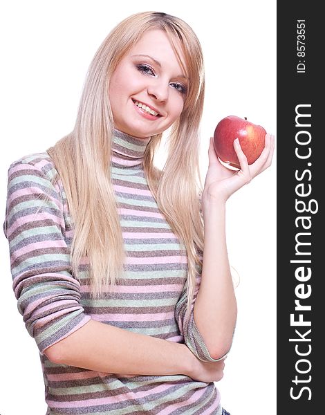 Girl holding apple in his hands on a white background. Girl holding apple in his hands on a white background