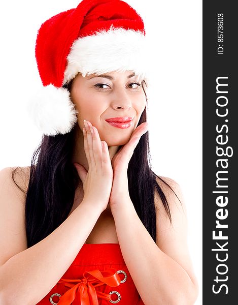 Attractive young female posing in christmas hat  with white background