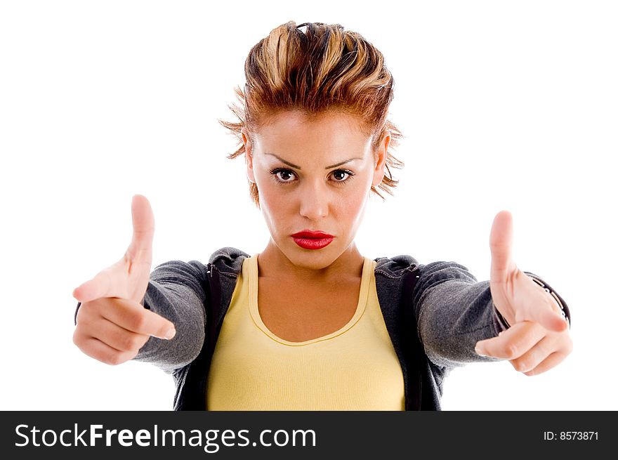 Female showing thumbs up with both hands on an isolated white background