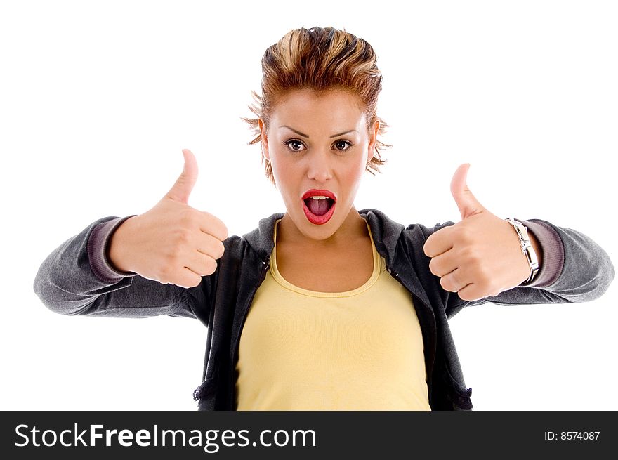 Female showing thumbs up with both hands on an isolated white background