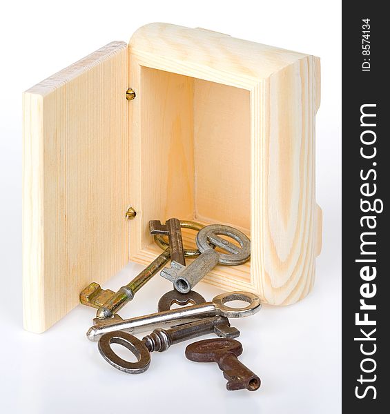 Keys out of wooden box on white background. Keys out of wooden box on white background