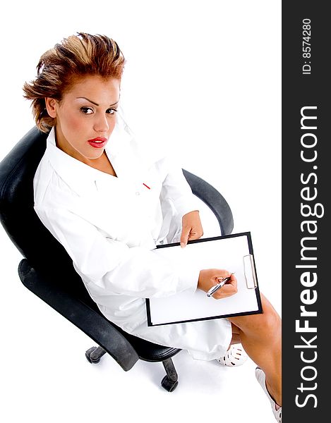 Sitting doctor with notepad and pen with white background