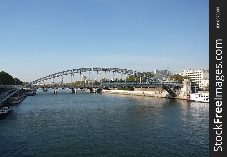 The french subway Metro crossing the seine river in Paris