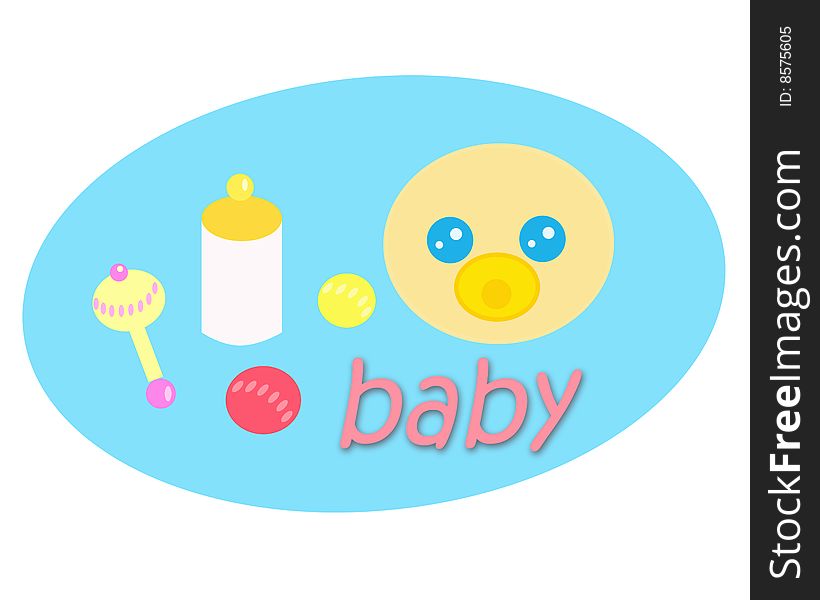 A blue baby tag with a baby bell, bottle, coloured balls and a cute baby face. Digital drawing. Colured picture. A blue baby tag with a baby bell, bottle, coloured balls and a cute baby face. Digital drawing. Colured picture.