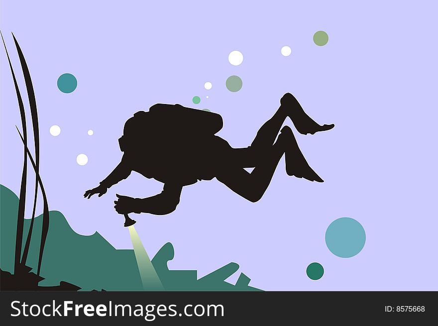 Silhouette of the frogman on background of the algaes