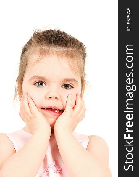 Portrait of a beautiful child doing nice grimace isolated on white background. Portrait of a beautiful child doing nice grimace isolated on white background