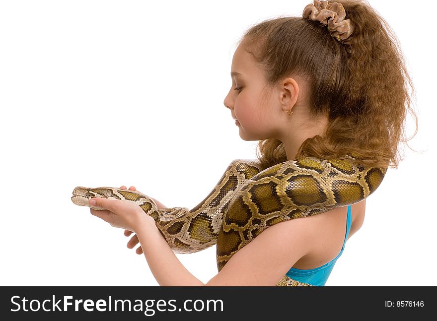 Close-up of adorable young girl holding pet python on her shoulders, isolated on white background. Close-up of adorable young girl holding pet python on her shoulders, isolated on white background