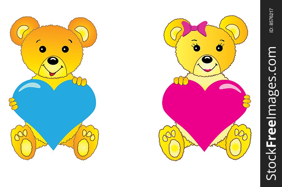Illustration of teddy bears with harts in hands