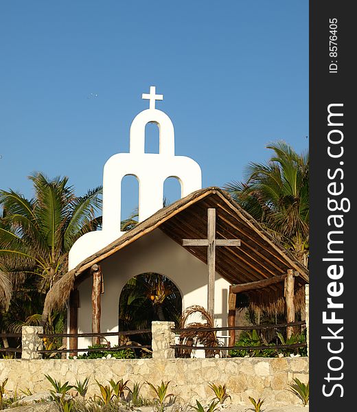 This chapel on a mexican resort opens toward the ocean is sheltered from rain. This chapel on a mexican resort opens toward the ocean is sheltered from rain.