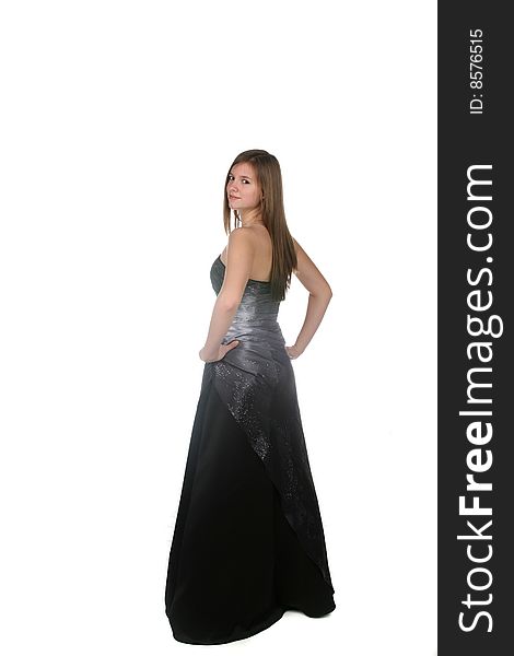 Pretty teenage girl in silver and black gown. Pretty teenage girl in silver and black gown