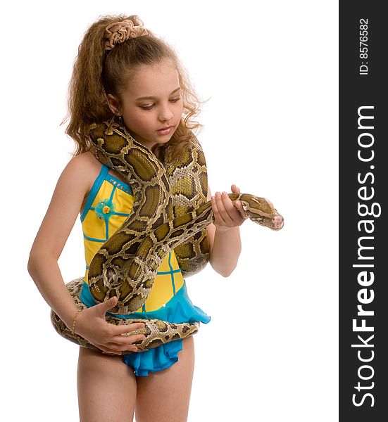 Young adorable girl with pet snake on her shoulders, isolated on white background. Young adorable girl with pet snake on her shoulders, isolated on white background