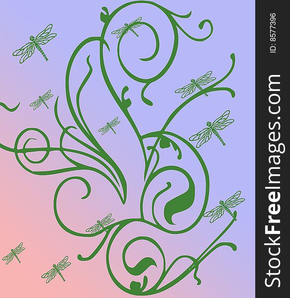 A computer generated illustration of a pastel background of swirls and dragonflies. A computer generated illustration of a pastel background of swirls and dragonflies.