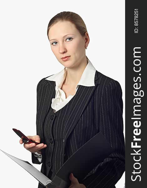 Young Beautiful Businesswoman With Folder And Cell