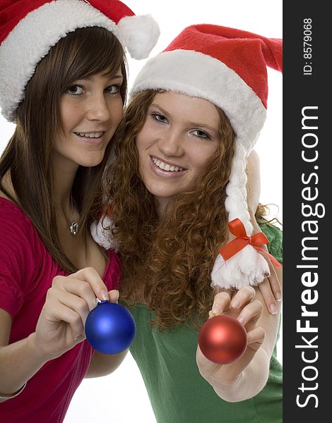 Merry Christmas, teenager with decoration, Christmas tree ball and Christmas hood
