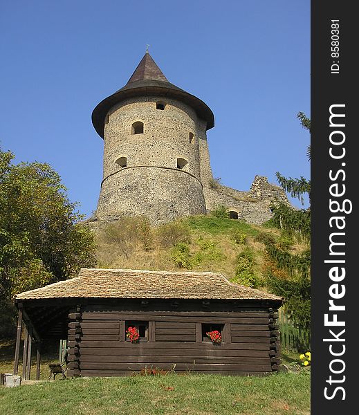 Castle on the border of Slovakia and Hungary with a blockhouse in the foreground. Castle on the border of Slovakia and Hungary with a blockhouse in the foreground