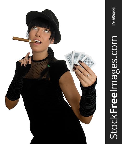 Sexy girl with cigar and cards isolated over white with clipping path