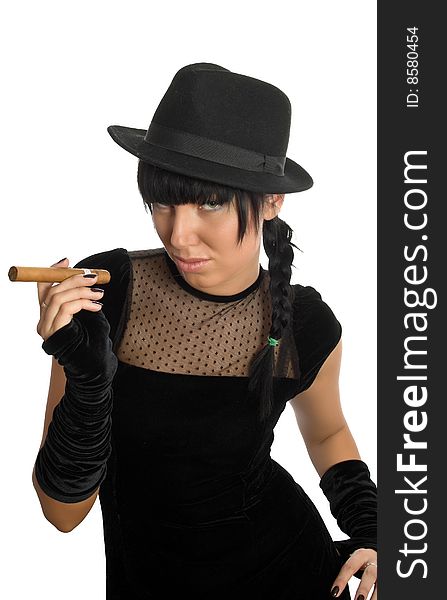 Sexy girl with cigar isolated over white with clipping path