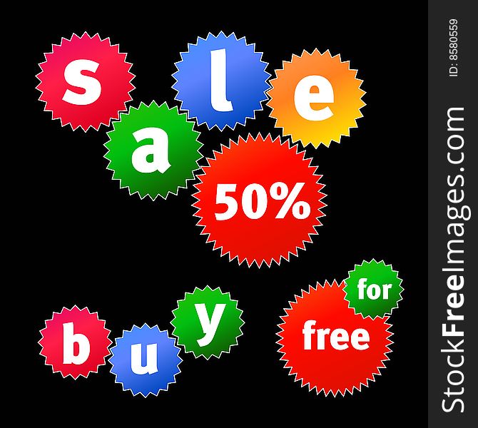 Colorful stickers on black background, sale concept. Colorful stickers on black background, sale concept