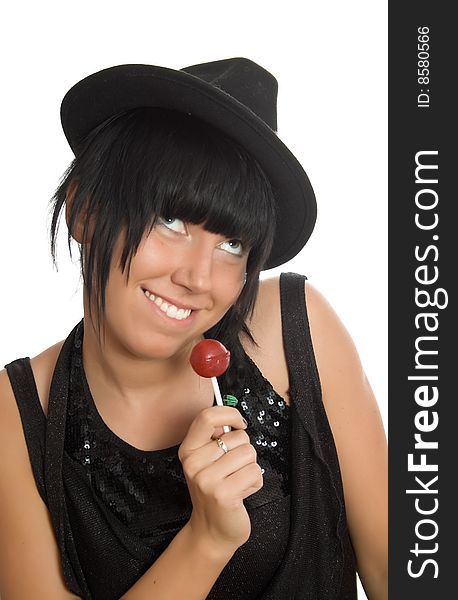Sexy girl in hat with sweet isolated over white with clipping path