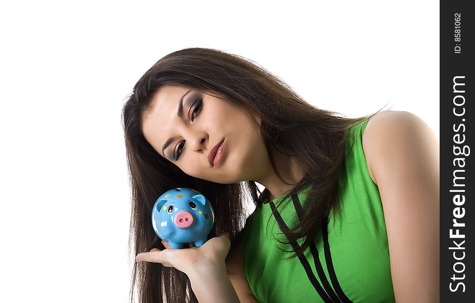 Pretty woman hold blue piggy bank on white background. Pretty woman hold blue piggy bank on white background