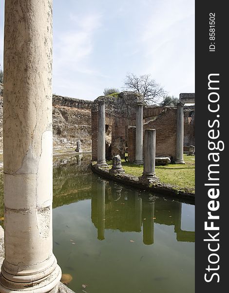 The country of Lazio, near Rome. Archaeological ruins of the Villa of emperor Adriano, Tivoli. The water's theatre. The country of Lazio, near Rome. Archaeological ruins of the Villa of emperor Adriano, Tivoli. The water's theatre