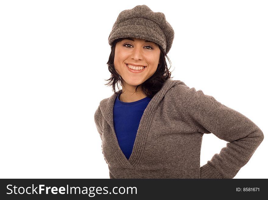 Casual smiling woman white isolate. Casual smiling woman white isolate