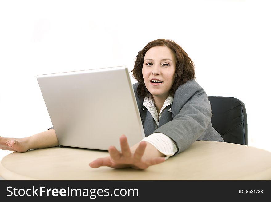 Woman with laptop on a white background