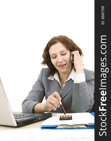 Woman with laptop on a white background