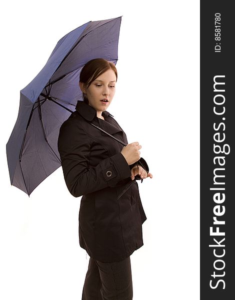 Woman with umbrella on a white background