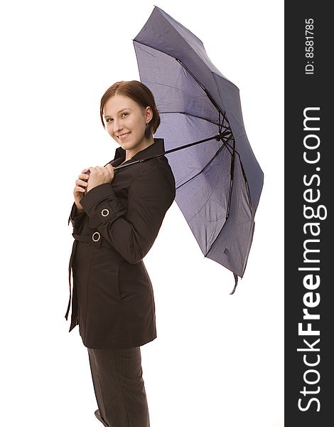 Woman with umbrella on a white background