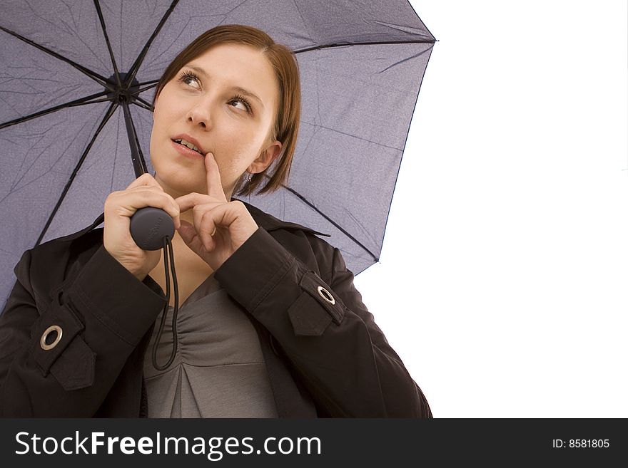 Woman with umbrella on a white background