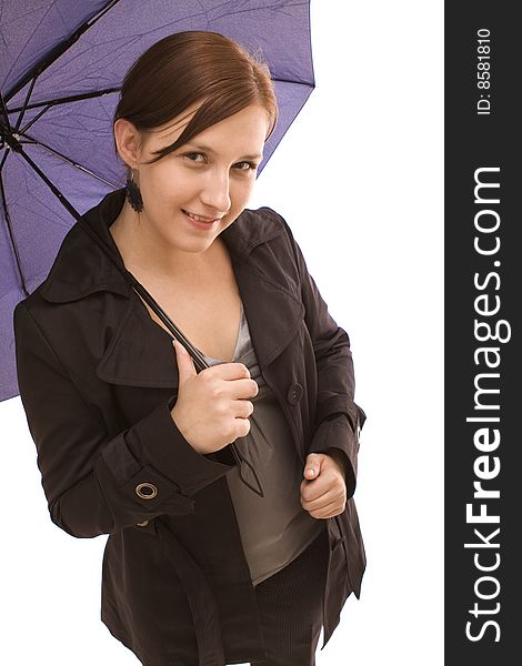 Woman with umbrella on a white background