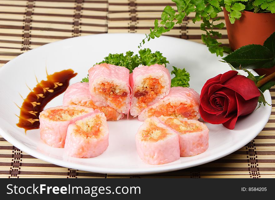 Spicy tuna, white tuna and salmon wrapped with soy bean paper. Spicy tuna, white tuna and salmon wrapped with soy bean paper.