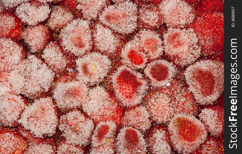 Photo of frozen strawberries with ice needles. Photo of frozen strawberries with ice needles