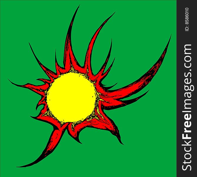 Yellow drawn sun on a green background. 
vector illustrations