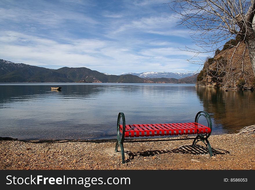 Lugu Lake-red bench , Yunnan, China. Lugu Lake-red bench , Yunnan, China